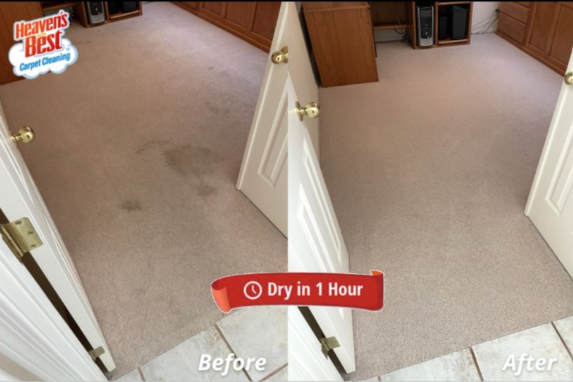 Before and after of a room entrance carpet cleaning, highlighting "Dry in 1 Hour" service by Heaven's Best Carpet Cleaning of Rio Rancho ABQ.