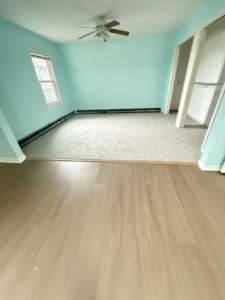 A room featuring both light-colored carpet and wood-look laminate flooring installed by Vicoles Carpet & Flooring in Bayville, NJ.