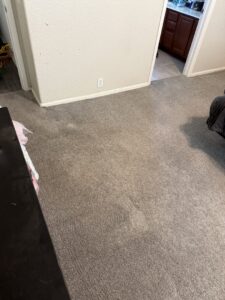 A room showing a dirty carpet with visible traffic patterns before professional cleaning by Heaven's Best Carpet Cleaning in San Antonio, TX.