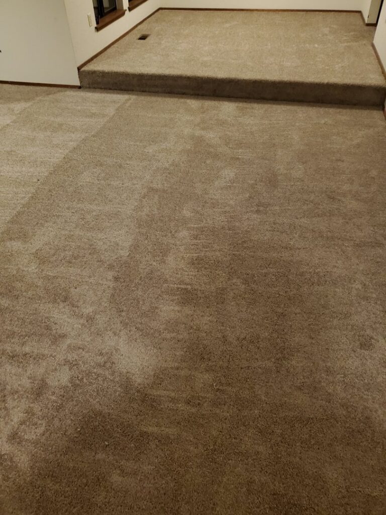 A room featuring a fresh light brown carpet installation, including a step, by McFarland's Flooring EnCounters in Tacoma, WA.