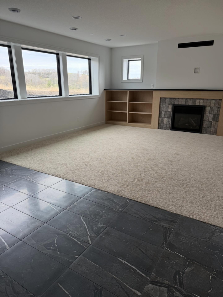 A newly installed light-colored carpet in a modern room by DeGeus Tile and CarpetsPlus in Rochester, MN
