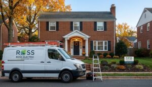 A Ross Electric Company service van parked with a ladder at a residential job site in Arlington, TN.