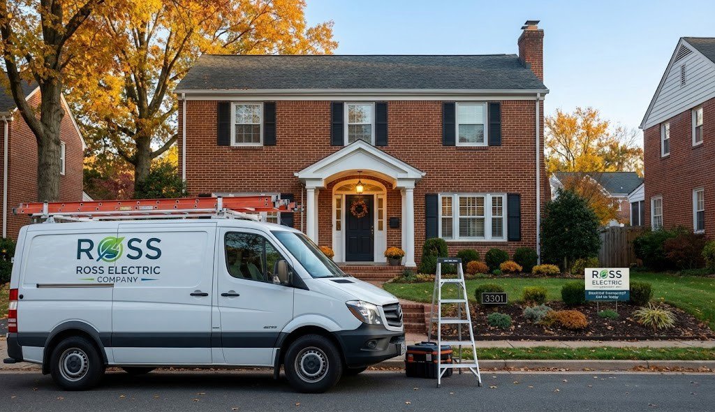A Ross Electric Company service van parked with a ladder at a residential job site in Arlington, TN.