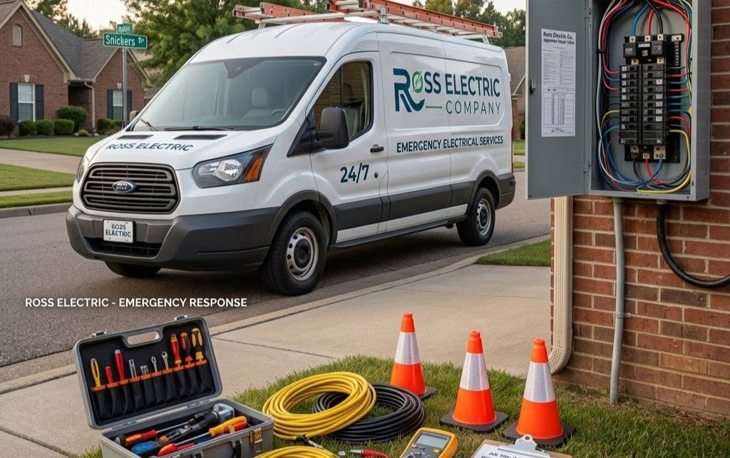 A Ross Electric Company van with tools and an open electrical panel, ready for emergency electrical services in Arlington, TN.