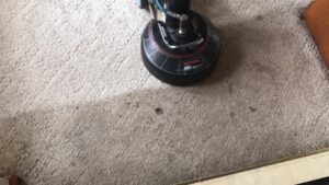 A rotary carpet cleaning machine in action, cleaning a dirty carpet and leaving a clean path for stpaulbestcarpetcleaners.com in Saint Paul, MN.