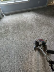 A Rotovac machine actively cleaning a light-colored carpet, leaving clean lines, by All Seasons Carpet Cleaning in Loves Park, IL.