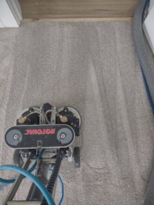 A Rotovac machine cleaning carpet, showing a clear before and after section by All Steamed Up Carpet/Upholstery Cleaning in Havana, FL
