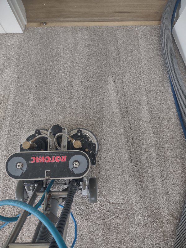 A Rotovac machine cleaning carpet, showing a clear before and after section by All Steamed Up Carpet/Upholstery Cleaning in Havana, FL