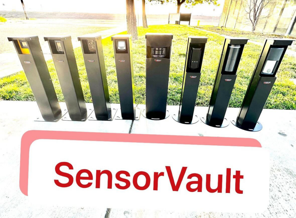 A row of black security access control pedestals, likely for gates or entry points, installed by Torxun in Tracy, CA.