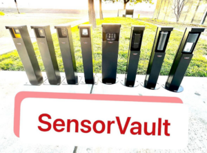 A row of black security access control pedestals, likely for gates or entry points, installed by Torxun in Tracy, CA.