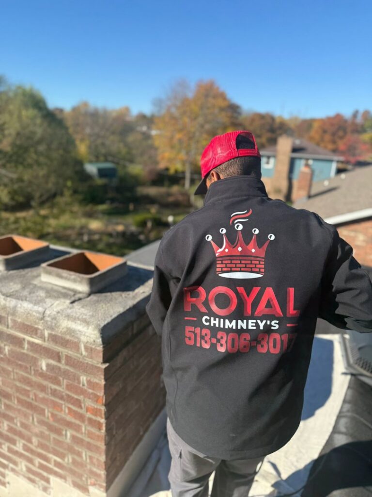 A Royal Chimney's technician on a roof inspecting a chimney in Blue Ash, OH.