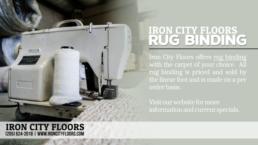 A close-up of a sewing machine performing rug binding services at Iron City Floors in Pelham, AL.