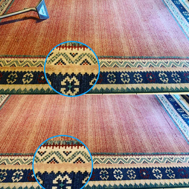Before and after comparison of a colorful area rug being professionally cleaned by Humble Carpet Cleaners in Mesa, AZ