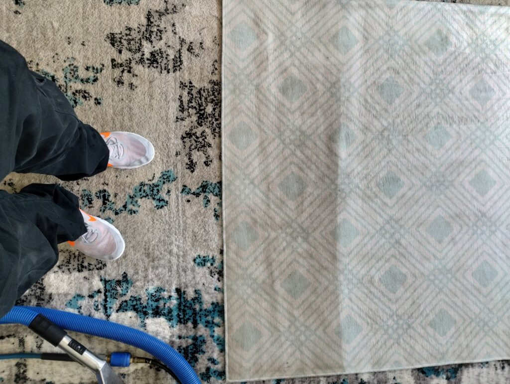 A patterned area rug showing a clear distinction between the dirty and freshly cleaned sections by Norris Carpet Care in Watertown, SD.