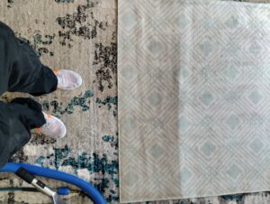 A patterned area rug showing a clear distinction between the dirty and freshly cleaned sections by Norris Carpet Care in Watertown, SD.