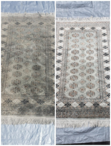 A before and after comparison of a dirty rug professionally cleaned by Platinum Cleaning & Restoration in Salt Lake City, UT.