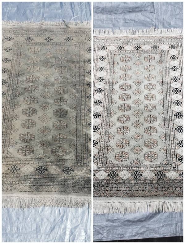 A before and after comparison of a dirty rug professionally cleaned by Platinum Cleaning & Restoration in Salt Lake City, UT.