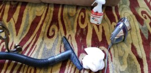 Carpet cleaning tools including a vacuum attachment, spray bottle, and cloth on a patterned area rug by Genie Clean Services LLC in Dallas, TX.