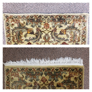 Before and after comparison of a professional rug fringe repair service by Boise Rug Shop in Boise, ID.