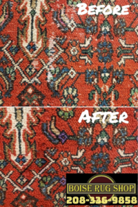 Before and after comparison of a professional rug repair service by Boise Rug Shop in Boise, ID.