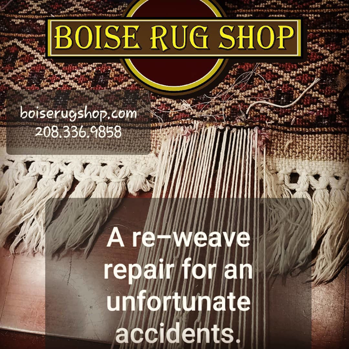 Close-up of a rug re-weaving repair in progress at Boise Rug Shop in Boise, ID.
