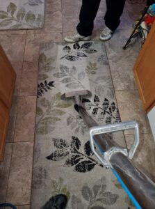 A professional cleaning a patterned rug runner with an extraction wand, provided by Carpet Care Express in Garland, TX