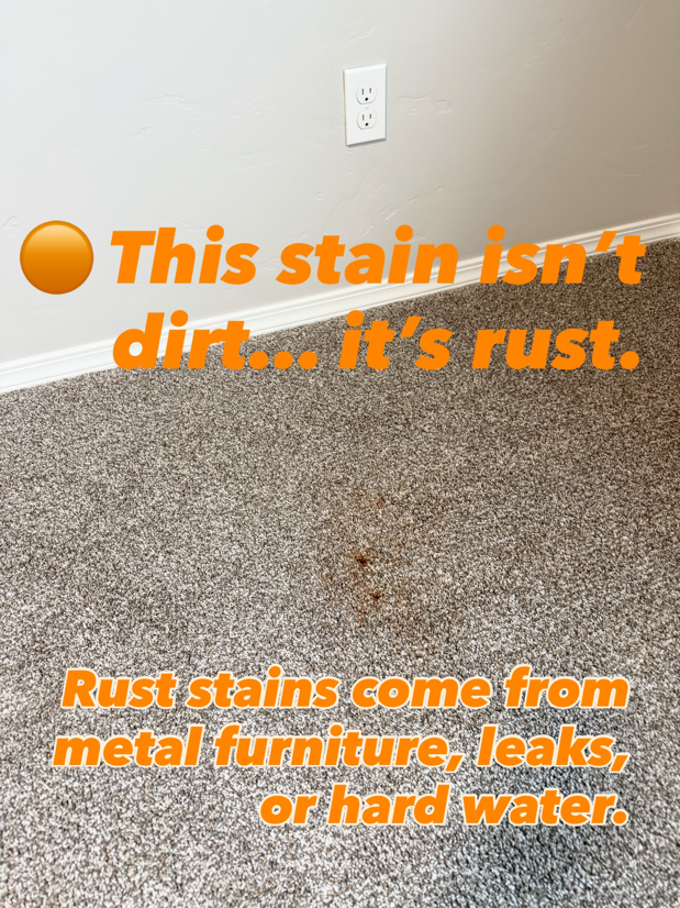 A close-up view of a rust stain on a carpet, indicating a common issue addressed by Bullseye Carpet & Upholstery Cleaning in Boise, ID.