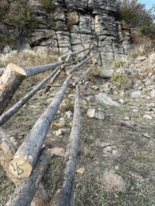 Rustic log fence installation on a rocky hillside by Cowboy State Fencing LLC in Riverton, WY.
