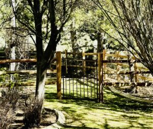 A rustic wooden fence with a black metal gate, installed in a natural landscape by Mule Fence Inc. in Sparks, NV.