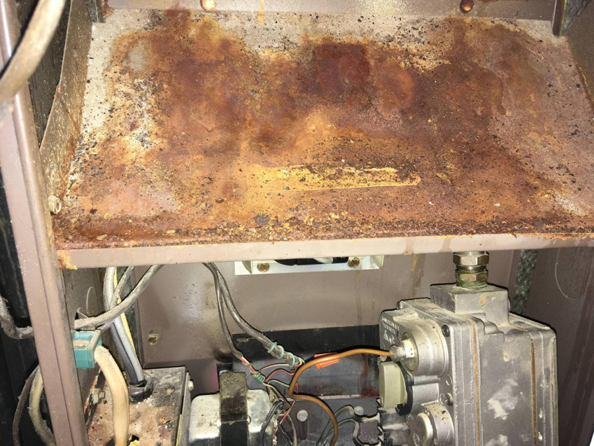 A rusty interior of a furnace or HVAC unit, showing a need for service from HVAC Logistics in Albuquerque, NM