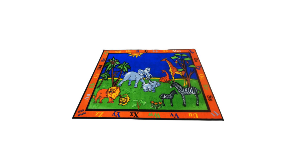 A colorful safari animal and alphabet-themed kids carpet from Conexxo Kids Carpets in Miami, FL.