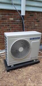 A newly installed Samsung mini-split outdoor condenser unit by Henson's HVAC LLC in Rock Hill, SC.