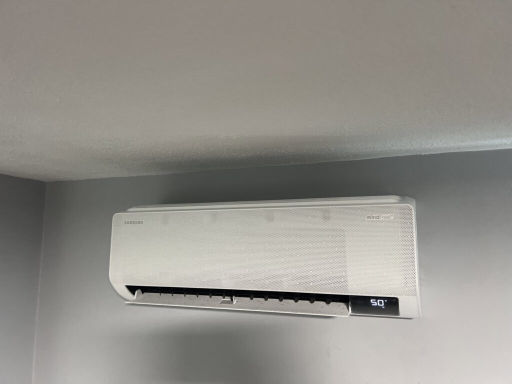 A wall-mounted Samsung mini-split indoor unit installed by MTL Heating and Cooling LLC in West Haven, CT