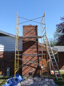 Scaffolding erected for chimney repair or construction by Centerville Pipestone Chimney Services LLC in Dayton, OH.