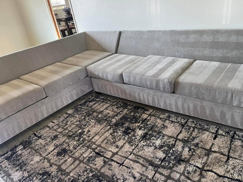 A sectional sofa and area rug showing cleaning patterns after service by Floor Medics in Huntsville, AL