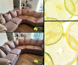 Before and after photo of a brown sectional sofa after professional upholstery cleaning by All Ways Organic Citrus Carpet & Upholstery Cleaning in Wilmington, NC.