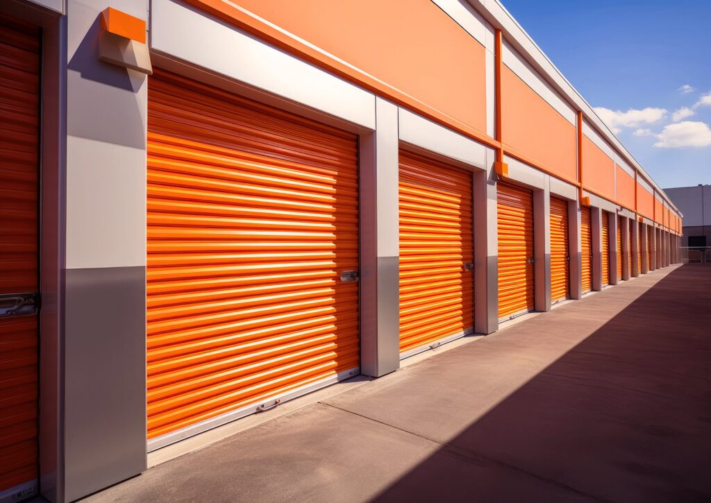 A self-storage facility with numerous orange roll-up doors, a service provided by Fort Wayne Door & Dock, Inc. in Fort Wayne, IN