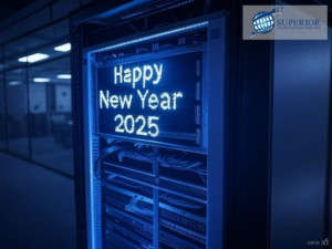 A server rack with intricate wiring and a digital display, managed by Superior Communication Services in Lagrange, GA.