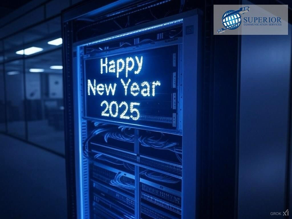 A server rack with intricate wiring and a digital display, managed by Superior Communication Services in Lagrange, GA.