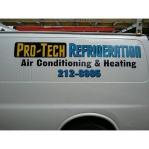 A Pro-Tech Refrigeration service van with business branding in Auburn, ME.