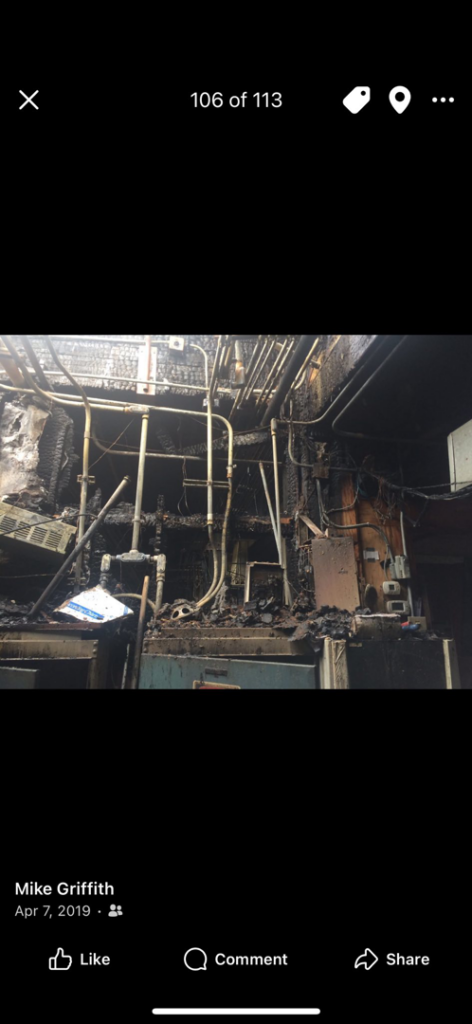 A severely damaged industrial interior with burnt electrical components, requiring GM Electric Inc. in Kalispell, MT.