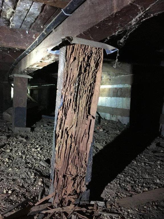 A severely termite-damaged wooden support post in a subfloor area, showing extensive pest activity for Stewarts Pest Control Perth, WA.