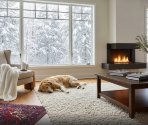 A cozy living room featuring a large shaggy rug and a smaller patterned rug from Levi's 4 Floors in Columbus, OH