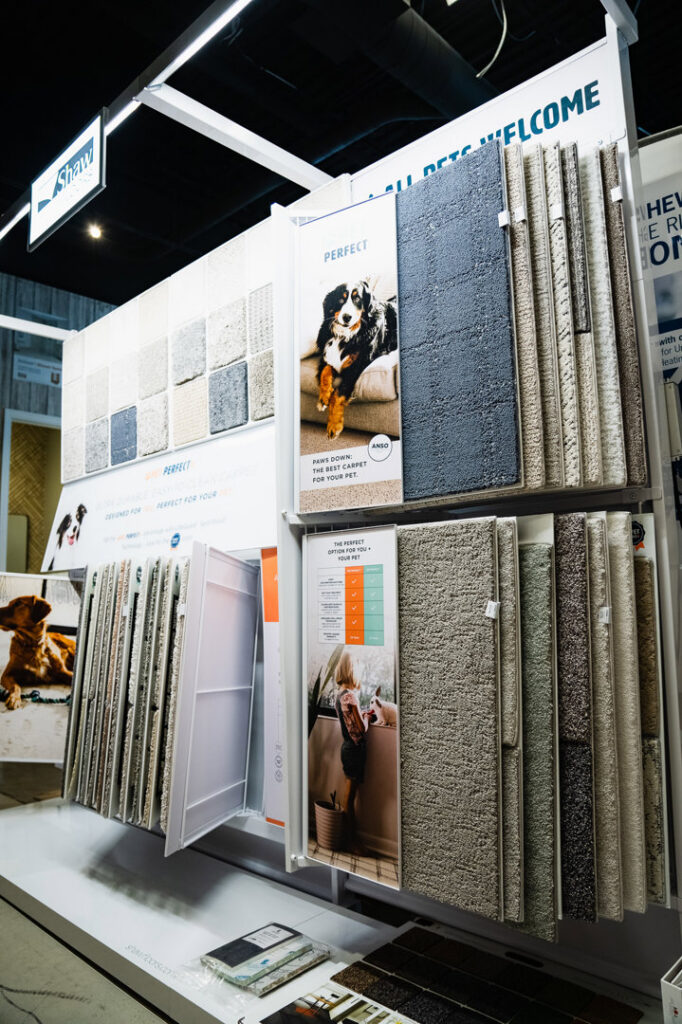A display of Shaw carpet samples, including pet-friendly options, at Design Tile in Vienna, VA.
