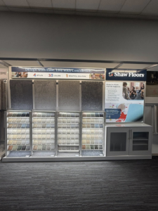 A Shaw Floors carpet samples display in the showroom of Beverly Hills Carpet & Tile in Huntington, WV.