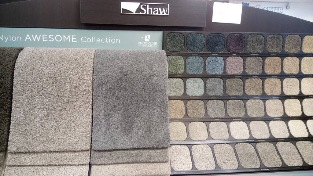 A display of Shaw Nylon AWESOME Collection carpet samples at Southwest Floors in Seven Hills, OH.
