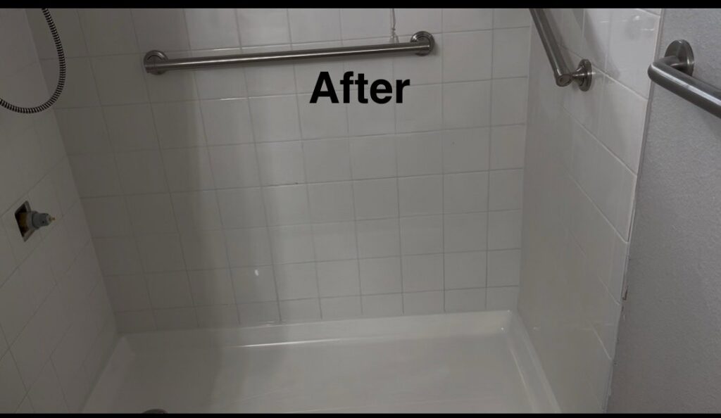 An "After" view of a newly tiled shower installation completed by Carpet Planet LLC in Colorado Springs, CO.