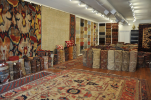 A wide selection of oriental rugs displayed in the showroom at Robert Fritz Oriental Rugs, Inc. in Raleigh, NC