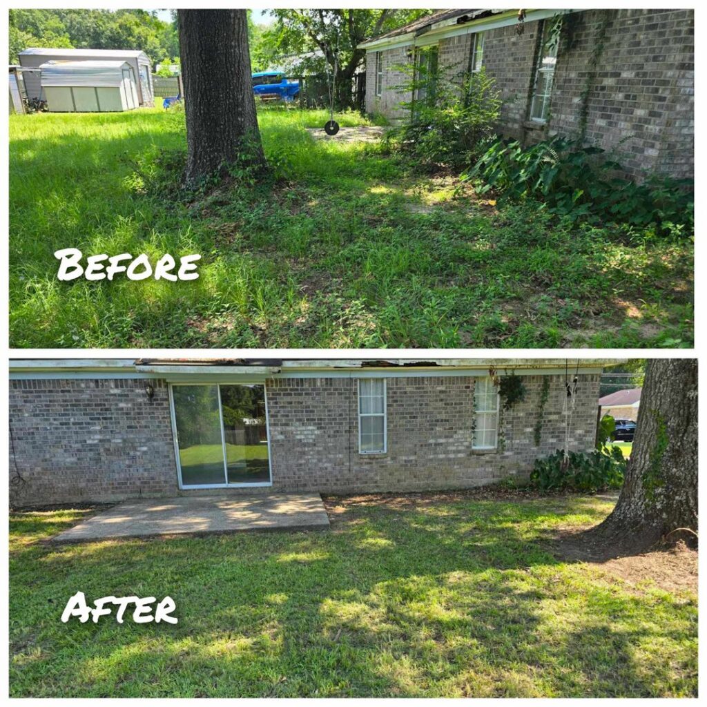 Before and after photos of a side yard showing weed removal and professional mowing by Southern Rooted Lawns in Mobile, AL.