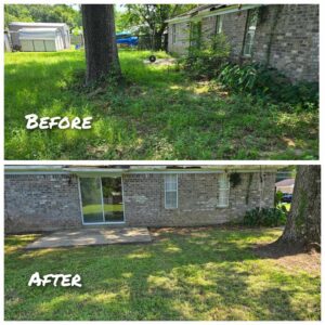 Before and after photos of a side yard showing weed removal and professional mowing by Southern Rooted Lawns in Mobile, AL.